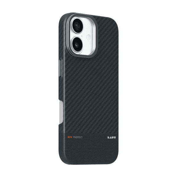 Back side view showcasing the ultra-thin form factor and precise button covers of the Laut KEV PROTECT iPhone 17 Black case from Tradeline.