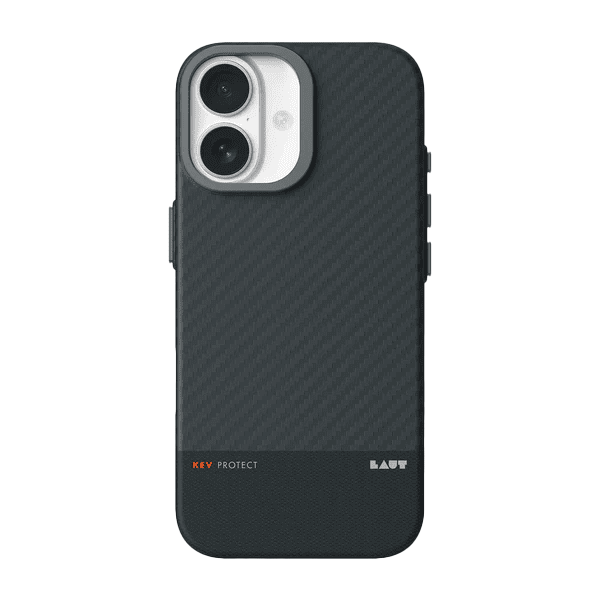 Rear view of the premium Laut KEV PROTECT Dupont Aramid Fiber case for iPhone 17 in Black showing the textured weave at Tradeline.