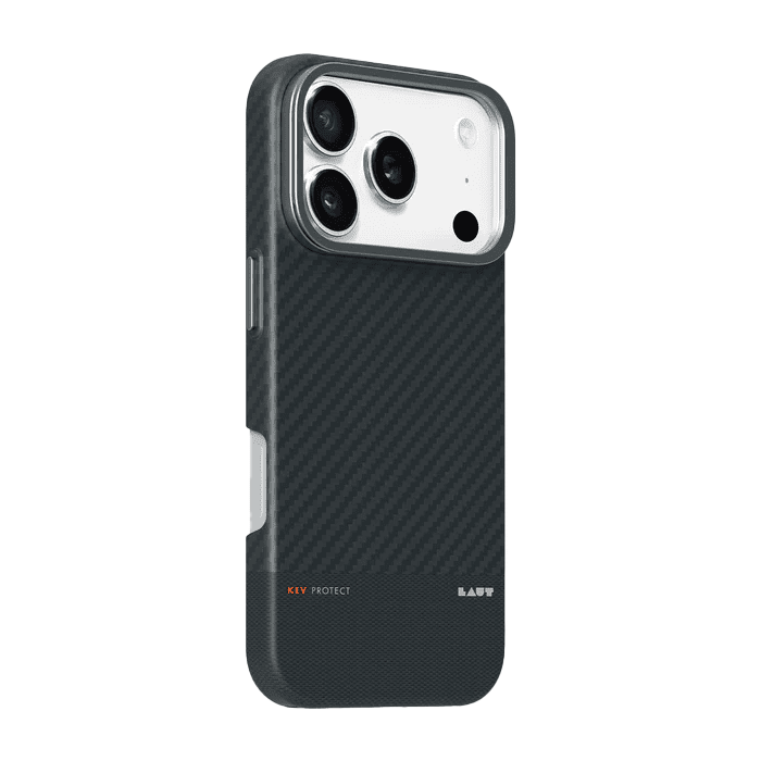 Back side profile detailing the MagSafe alignment and trim frame of the Laut KEV PROTECT iPhone 17 Pro Max Aramid Fiber Black case from Tradeline.