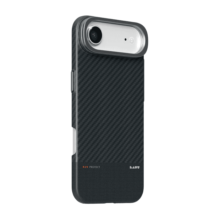 Back side view showcasing the ultra-slim profile and tactile buttons of the Laut KEV PROTECT iPhone Air Aramid Fiber Black case from Tradeline Egypt.