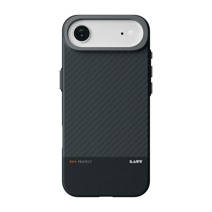 Rear view of the premium Laut KEV PROTECT Dupont Aramid Fiber case for iPhone Air in Black showing the textured weave finish at Tradeline.