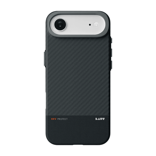Rear view of the premium Laut KEV PROTECT Dupont Aramid Fiber case for iPhone Air in Black showing the textured weave finish at Tradeline.
