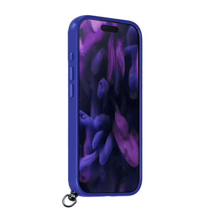 Front side perspective highlighting the ergonomic buttons of the Laut KEYKO POP impact cover for iPhone 17 Pro Max Indigo Tide from Tradeline.