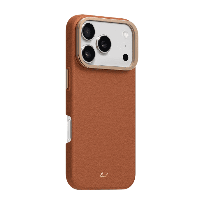 Back side view demonstrating the raised lip protection surrounding the camera array on the Laut LUXEDGE iPhone 17 Pro Max Luxe Brown case from Tradeline Egypt.