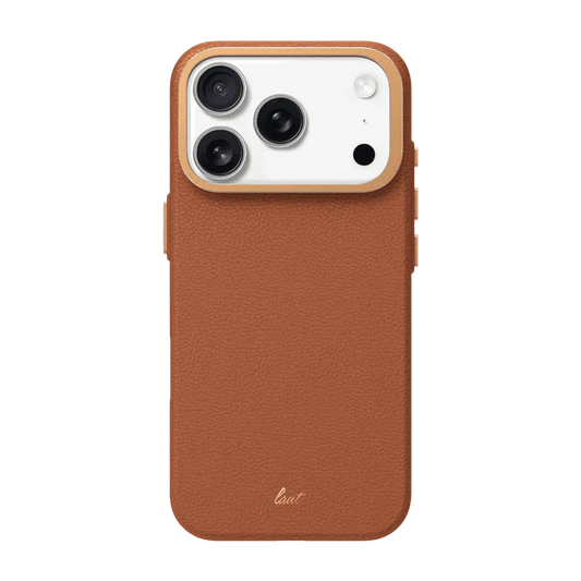 Rear view highlighting the heavy-duty back plate panel of the Laut LUXEDGE case for iPhone 17 Pro Max Luxe Brown at Tradeline.