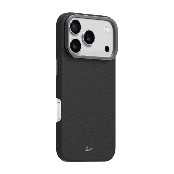 Back side view detailing the refined control button overlays of the Laut LUXEDGE iPhone 17 Pro Slate Black protective sleeve from Tradeline Egypt.