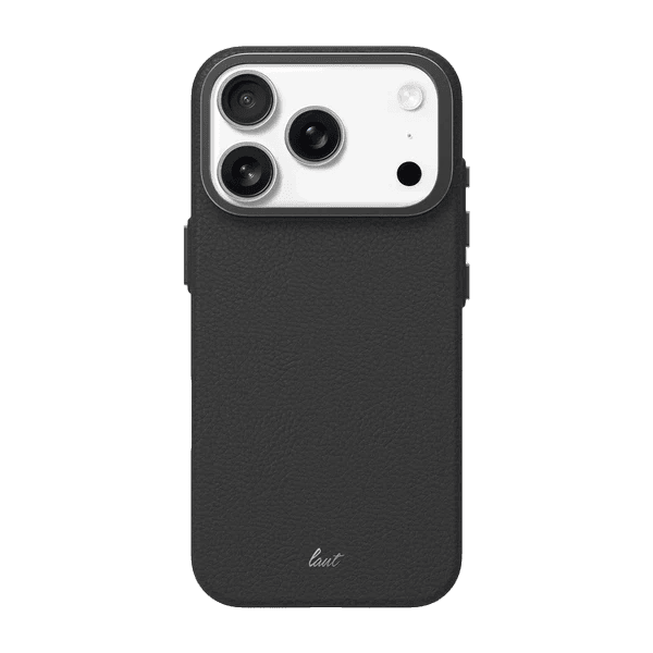 Rear view showing the scratch-resistant back panel of the Laut LUXEDGE case for iPhone 17 Pro in Slate Black at Tradeline.