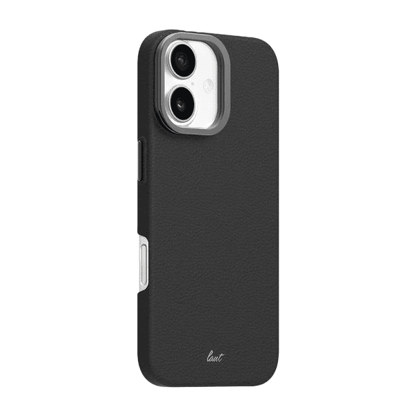 Back side perspective detailing the sleek corner bumpers on the Laut LUXEDGE case for iPhone 17 Slate Black at Tradeline.