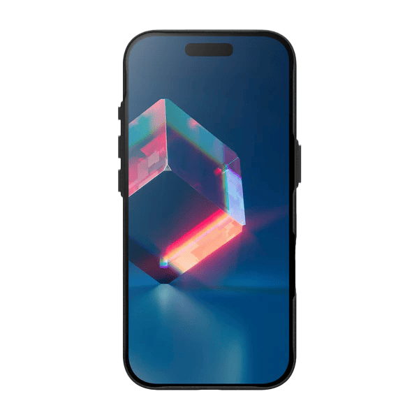 Front view demonstrating the exact rim fit and clear display access of the Laut LUXEDGE case for iPhone 17 Slate Black from Tradeline Egypt.