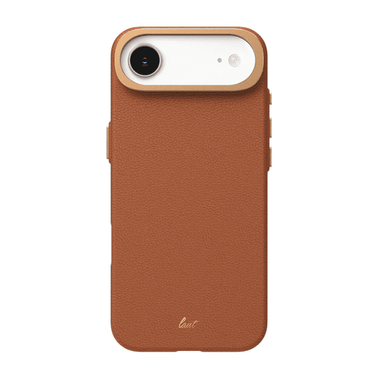 Rear view of the premium Laut LUXEDGE case for iPhone Air in Luxe Brown showing the faux leather style finish available at Tradeline.