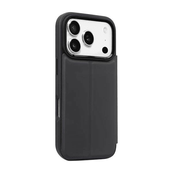 Back side profile view detailing the magnetic closure flap of the Laut MagFolio case for iPhone 17 Pro Black available at Tradeline Egypt.