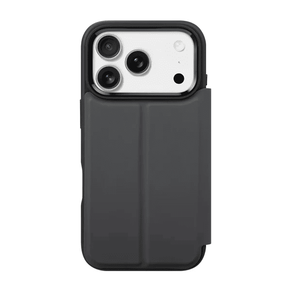Back view highlighting the integrated stand layout of the Laut MagFolio case for iPhone 17 Pro Black from Tradeline.