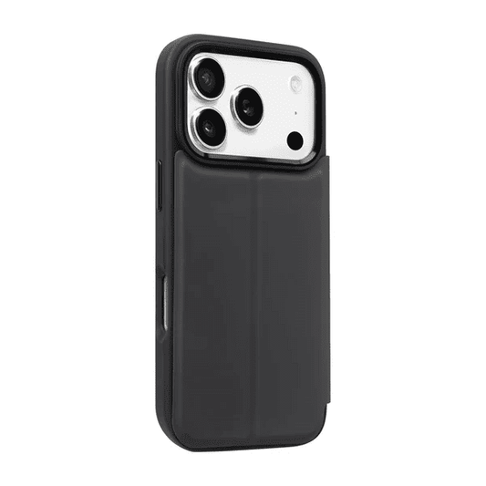 Back side view illustrating the slim leather texture profile of the Laut MagFolio case for iPhone 17 Pro Max Black at Tradeline Egypt.