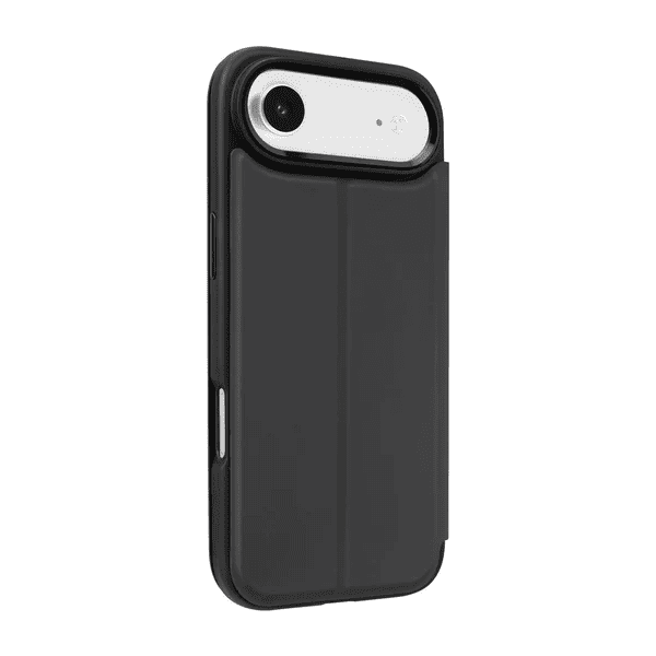 Back side perspective showing the camera frame and profile of the Laut MagFolio case for iPhone Air Black from Tradeline Egypt.