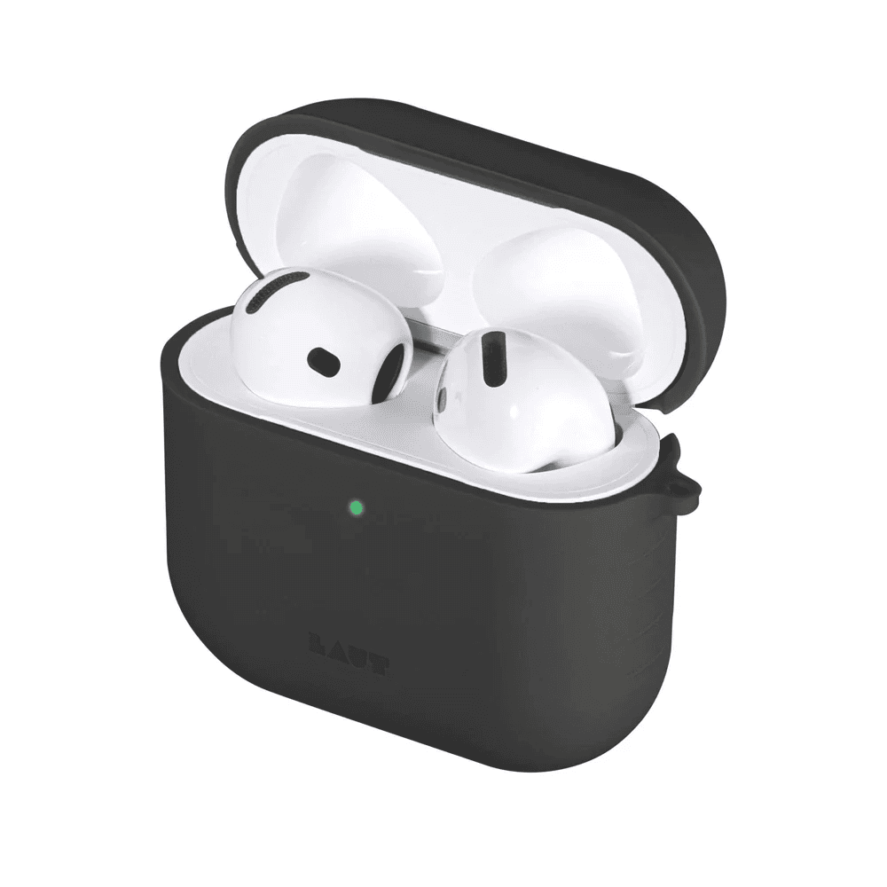 Open view detailing the precise molding and upper lid alignment of the LAUT POD case for AirPods 4 in Charcoal at Tradeline.