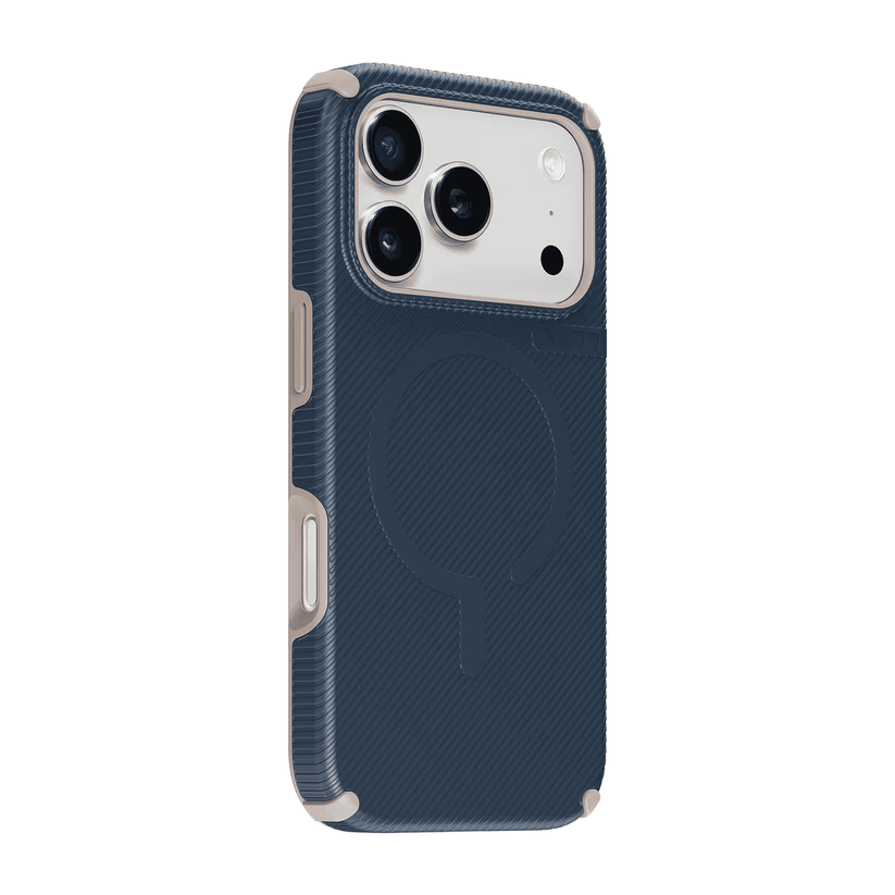 Back side perspective highlighting the ergonomic grip frame of the Laut SHIELD FLUX iPhone 17 Pro Deep Navy case at Tradeline Egypt.