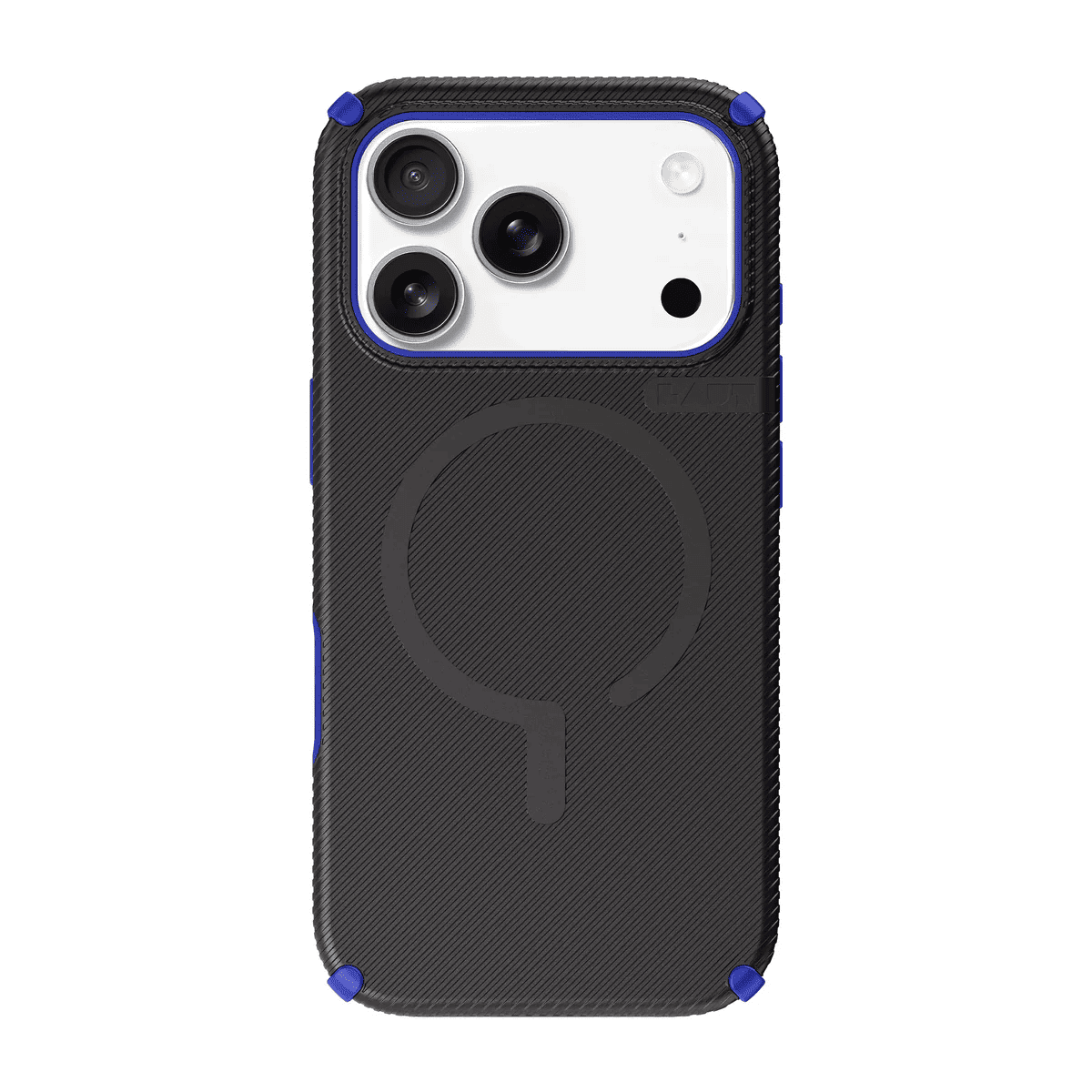 Rear view of the stylish Laut SHIELD FLUX protective armor case for iPhone 17 Pro in Midnight Blue available at Tradeline.
