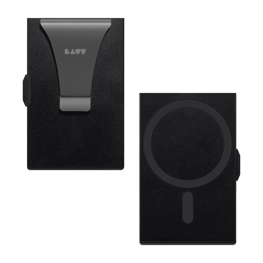 Front and back view of the premium LAUT SLIDER wallet card holder with MagSafe compatibility in Black available at Tradeline.