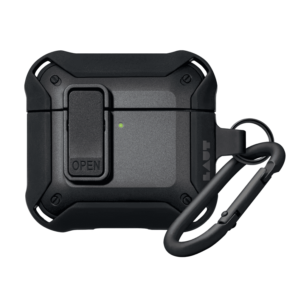 Closed front view of the rugged LAUT ZENTRY case for AirPods 4 in Black finish available at Tradeline.